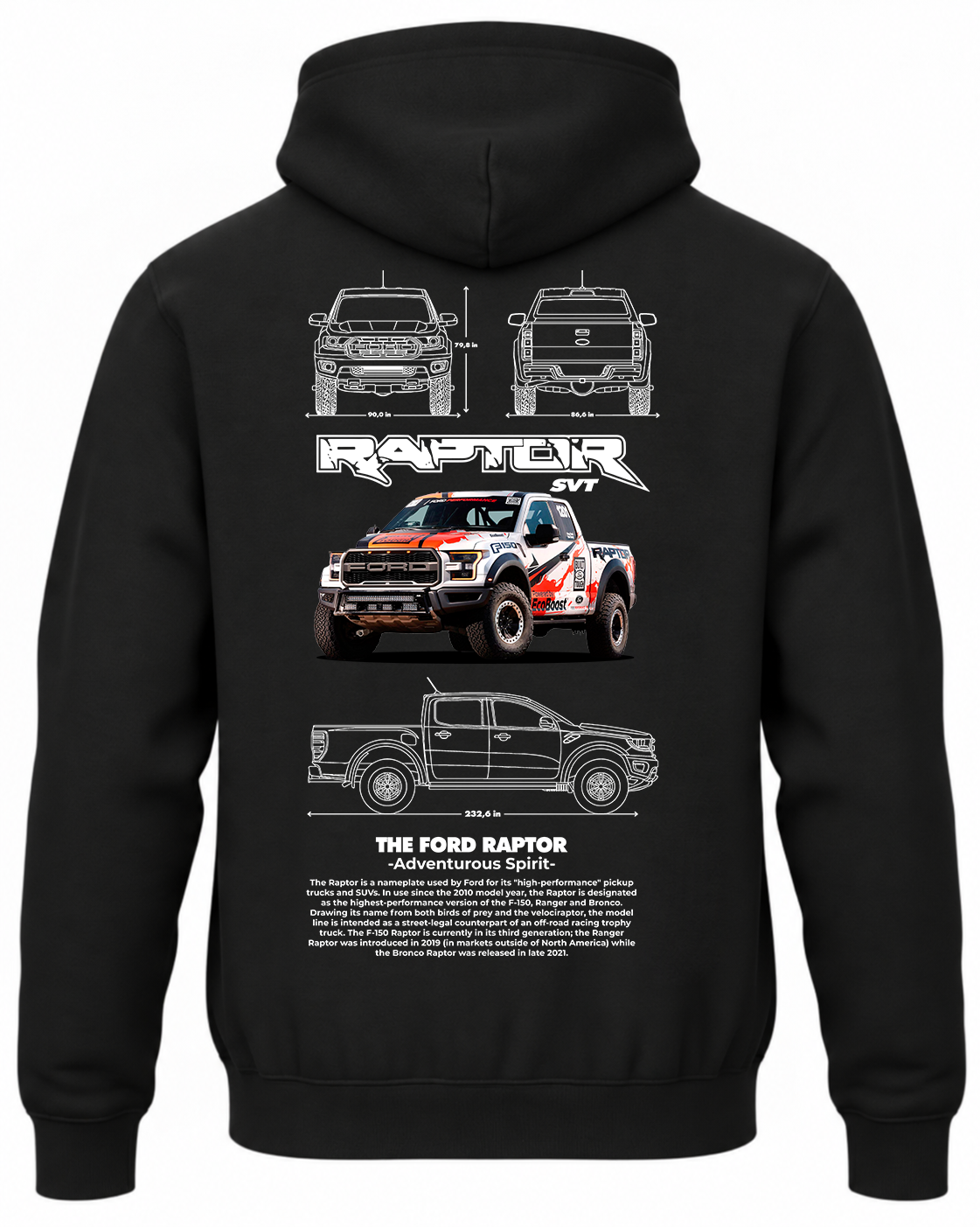 Czarna bluza z kapturem z nadrukiem samochodu Ford Raptor