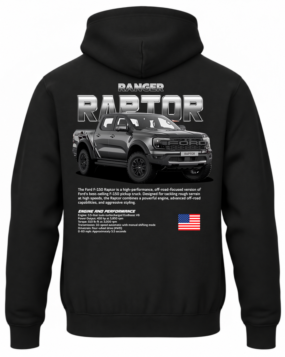 Czarna bluza z kapturem z nadrukiem samochodu Ford Ranger Raptor