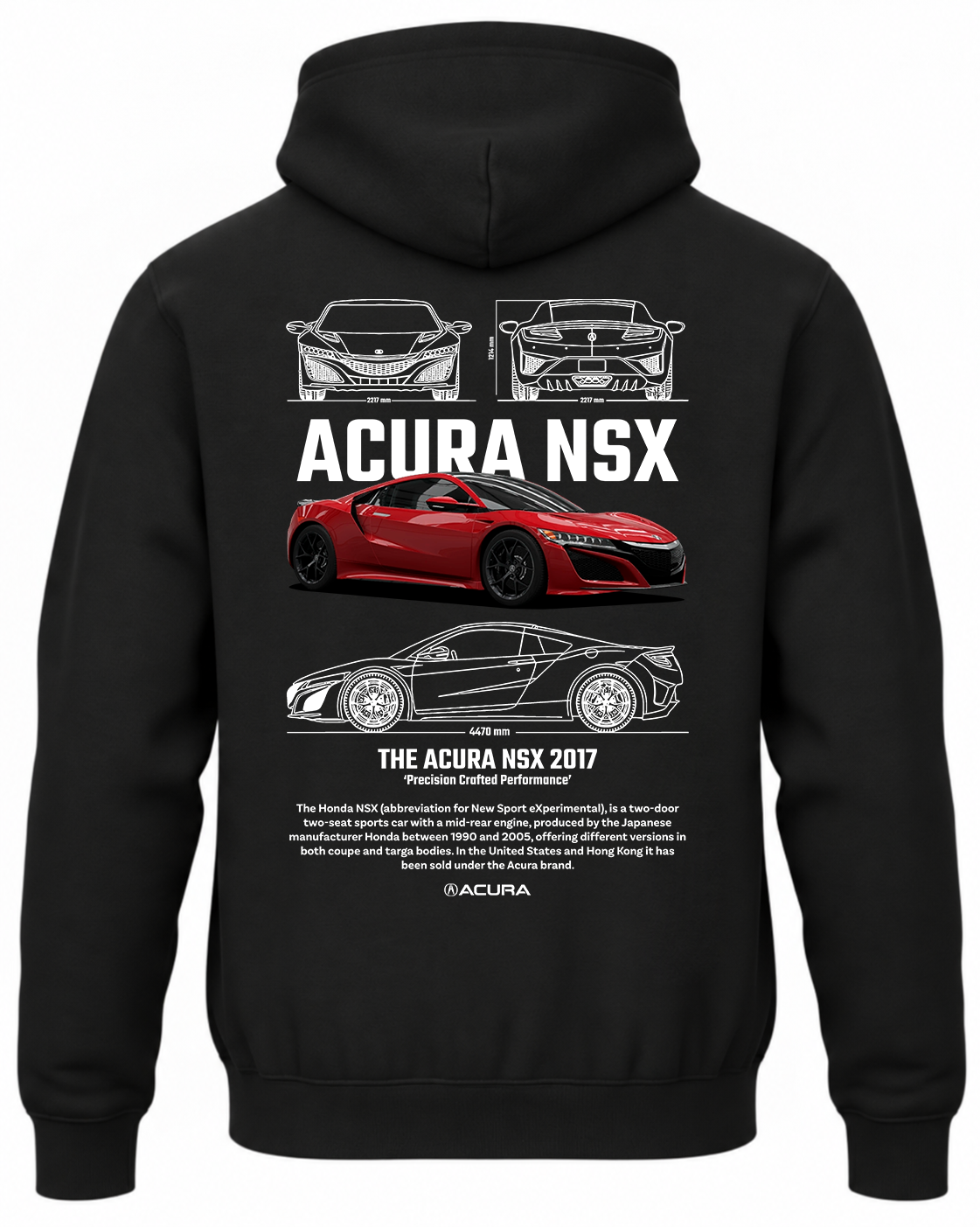 Czarna bluza z kapturem z nadrukiem samochodu Honda Acura NSX 2017