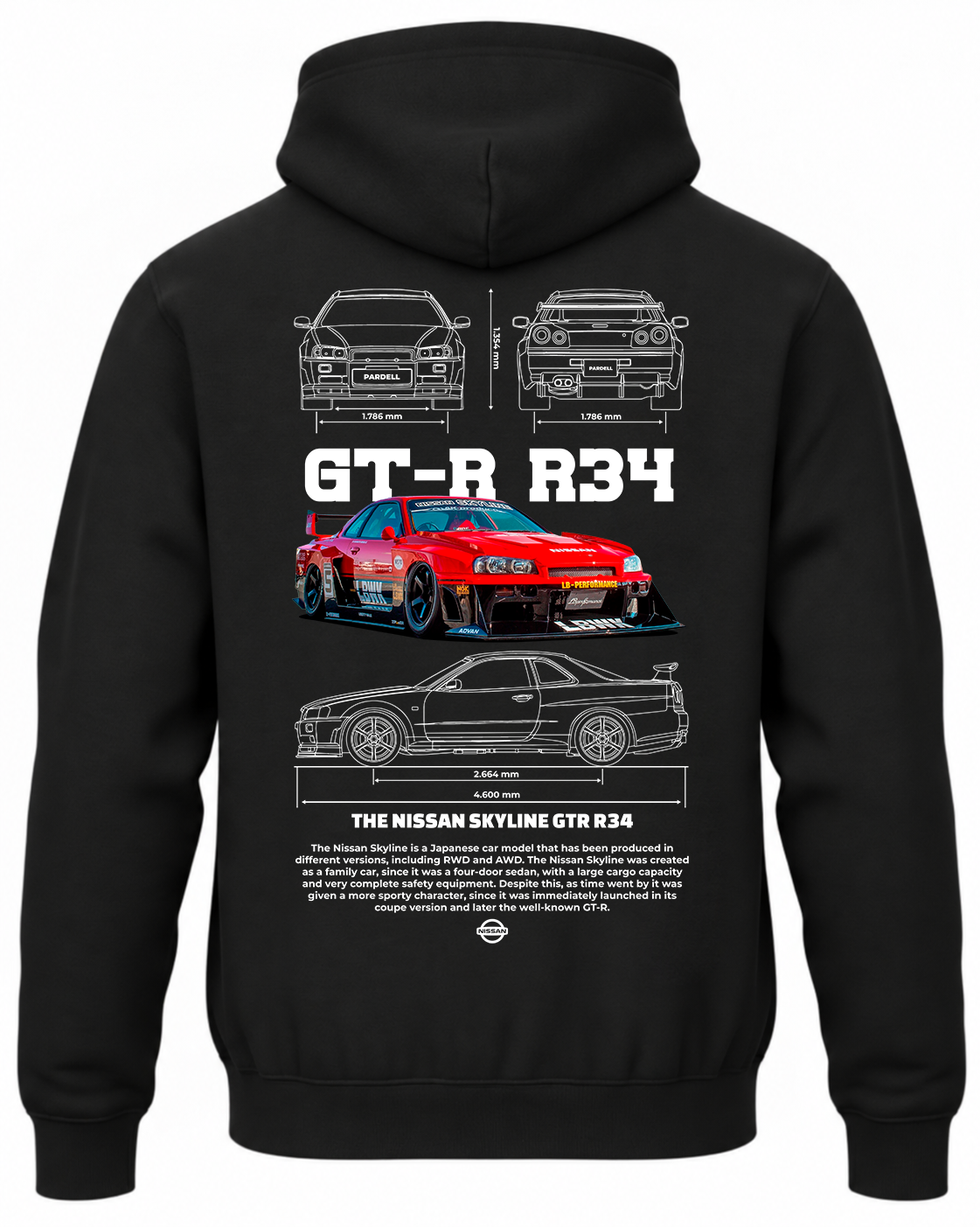 Czarna bluza z kapturem z nadrukiem Nissan GT-R R34 – czerwony