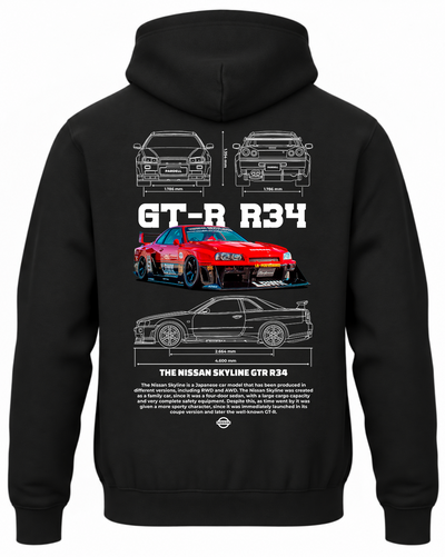 Czarna bluza z kapturem z nadrukiem Nissan GT-R R34 – czerwony