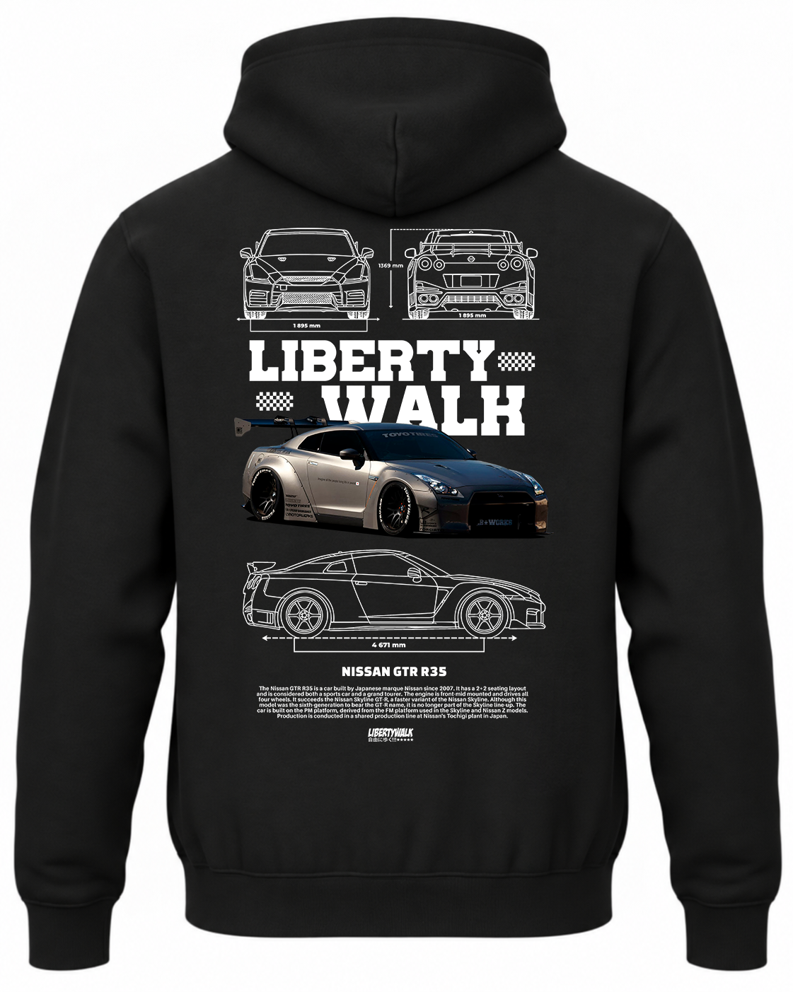 Czarna bluza z kapturem z nadrukiem Nissan GT-R R35 Liberty Walk