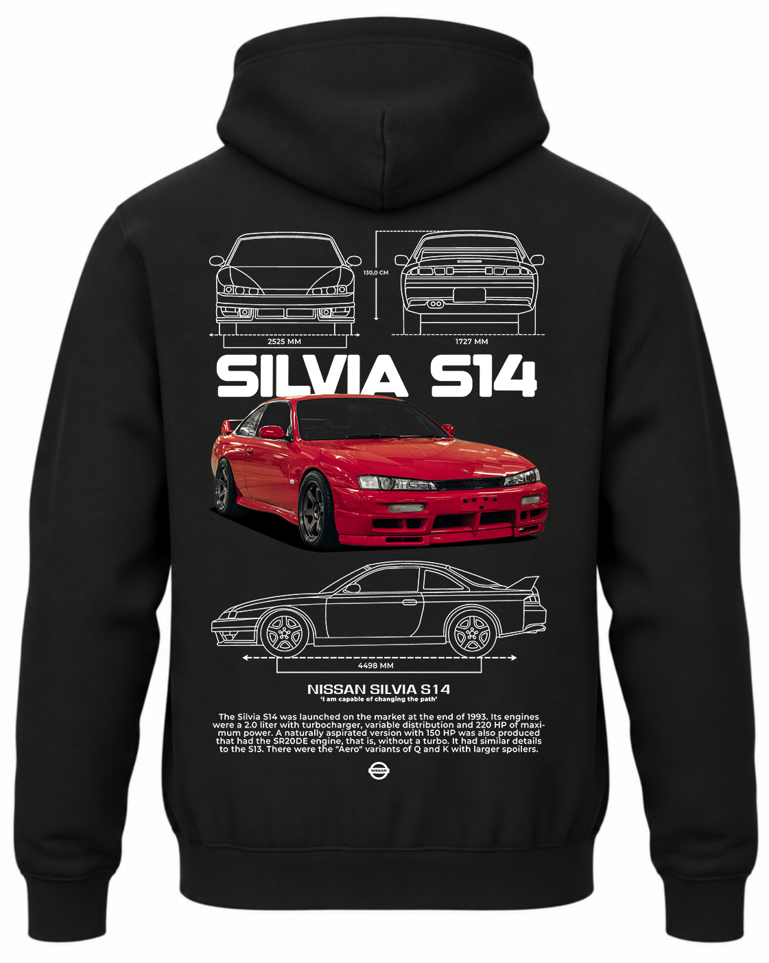 Czarna bluza z kapturem z nadrukiem Nissan Silvia S14 – biały