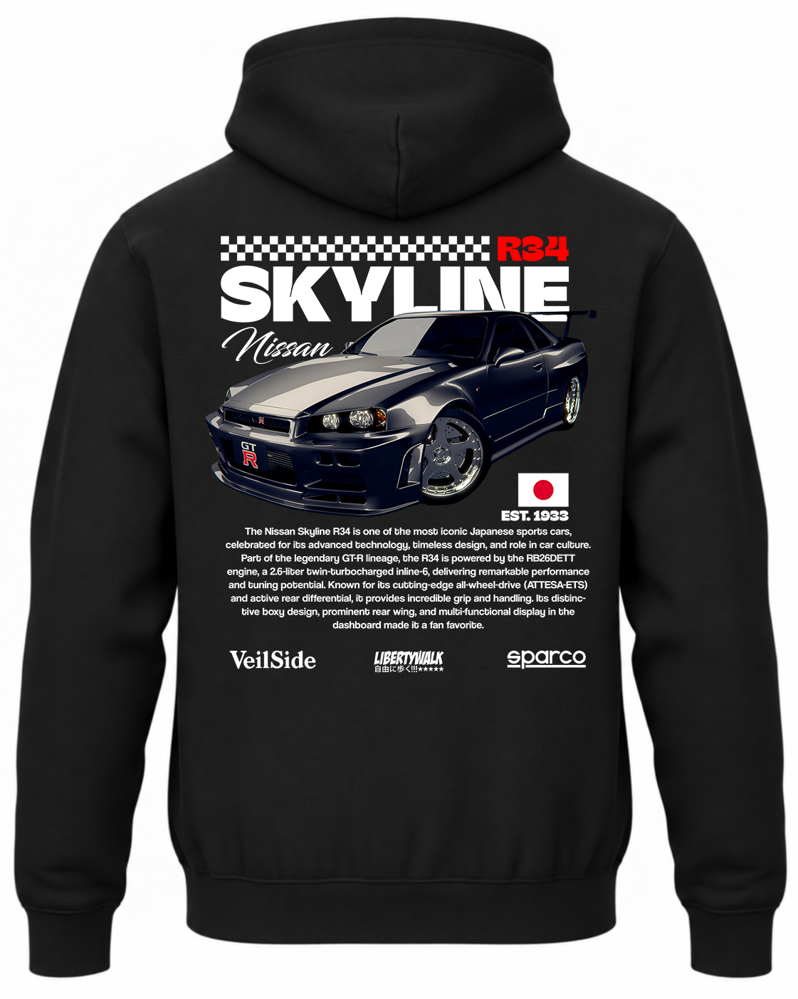 Czarna bluza z kapturem z nadrukiem Nissan Skyline R34