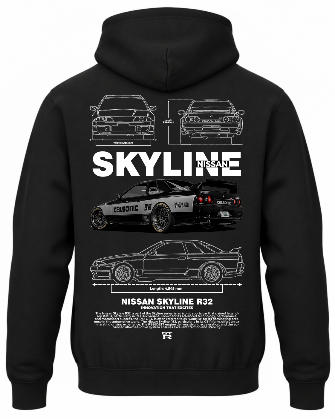 Czarna bluza z kapturem z nadrukiem Nissan Skyline R32