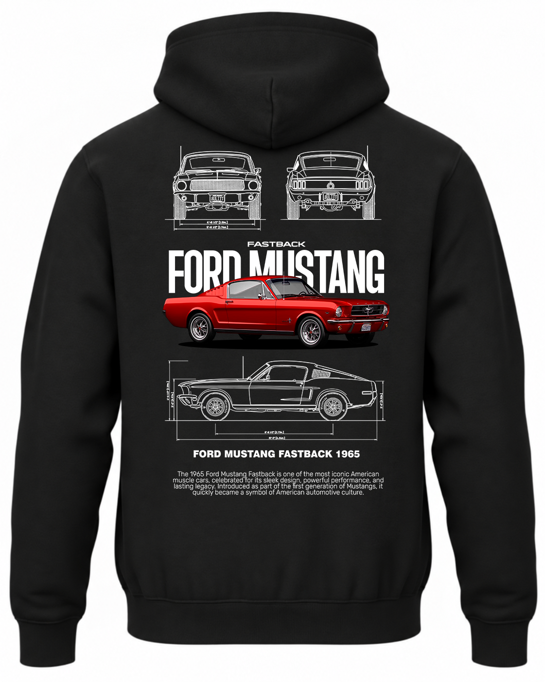 Czarna bluza z kapturem z nadrukiem Forda Mustanga Fastback z 1965 roku