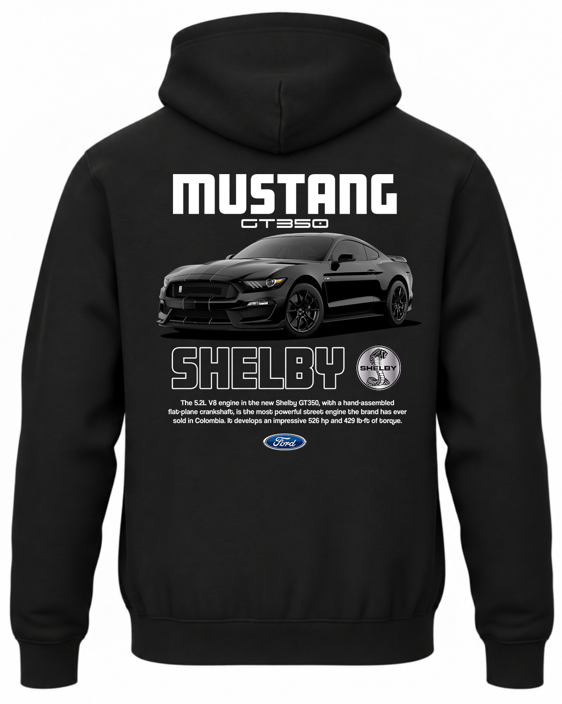 Czarna bluza z kapturem z nadrukiem samochodu Ford Mustang GT350
