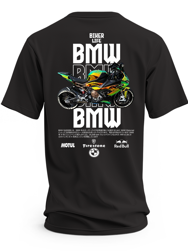 Czarna koszulka z zielono-żółtym motocyklem BMW S1000RR i napisem Biker Life