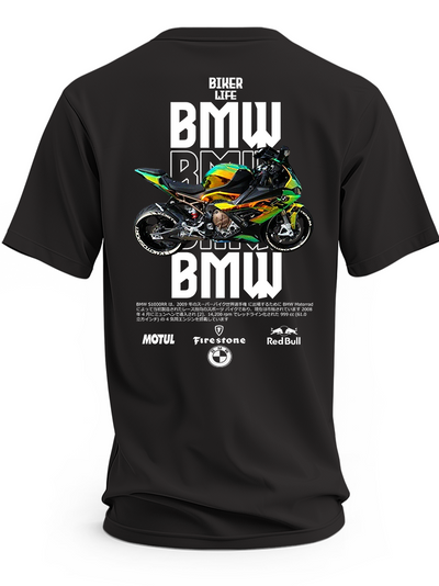 Czarna koszulka z zielono-żółtym motocyklem BMW S1000RR i napisem Biker Life