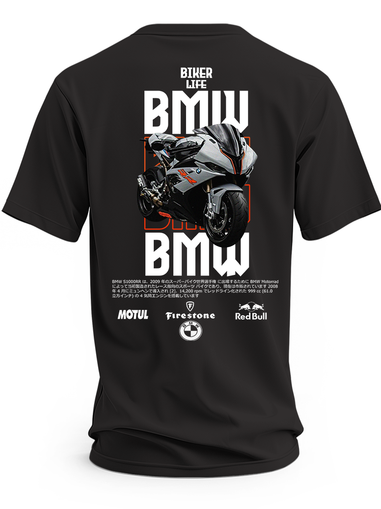 Czarna koszulka z szaro-czarnym motocyklem BMW S1000RR, pomarańczowymi detalami i napisem Biker Life