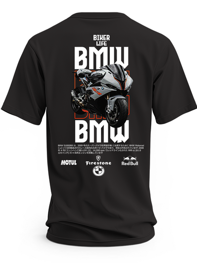 Czarna koszulka z szaro-czarnym motocyklem BMW S1000RR, pomarańczowymi detalami i napisem Biker Life