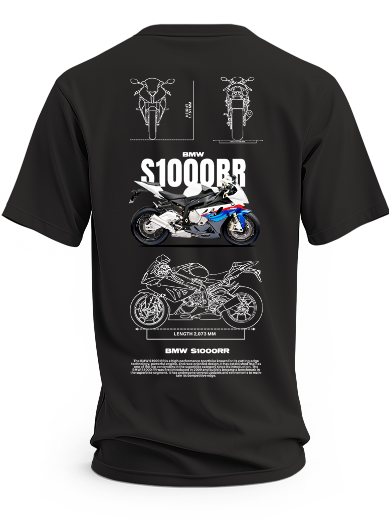 Czarna koszulka z biało-niebiesko-czerwonym motocyklem BMW S1000RR i rysunkami technicznymi