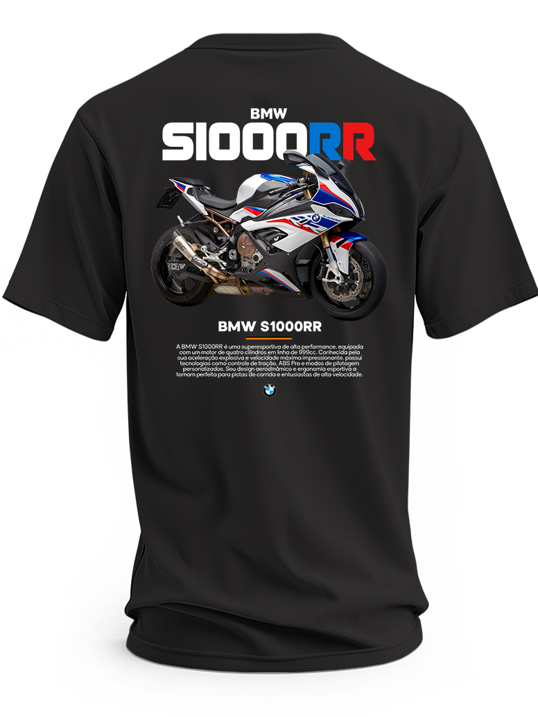 Czarna koszulka z biało-niebiesko-czerwonym motocyklem BMW S1000RR i dużym napisem S1000RR