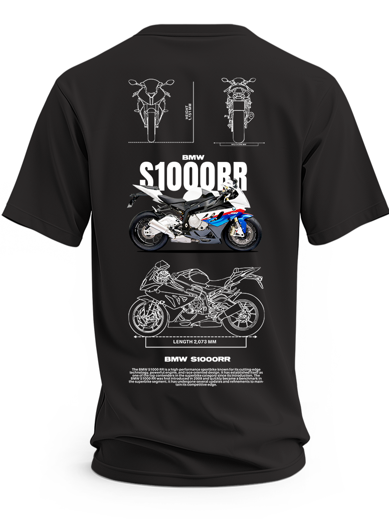 Czarna koszulka z motocyklem BMW S1000RR i trzema rysunkami technicznymi – drugi wzór