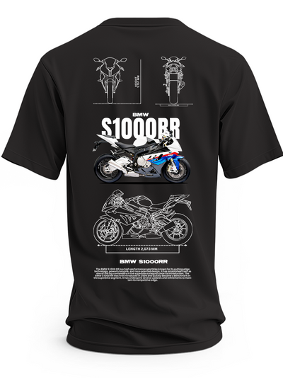 Czarna koszulka z motocyklem BMW S1000RR i trzema rysunkami technicznymi – drugi wzór