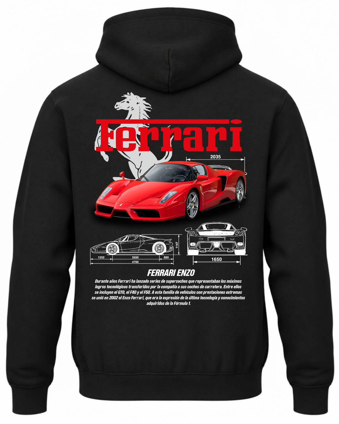 Czarna bluza z kapturem z nadrukiem samochodu Ferrari Enzo