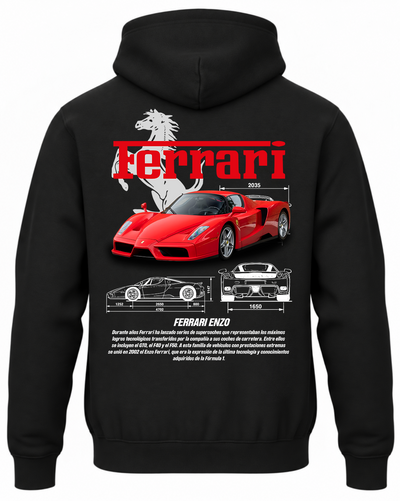 Czarna bluza z kapturem z nadrukiem samochodu Ferrari Enzo