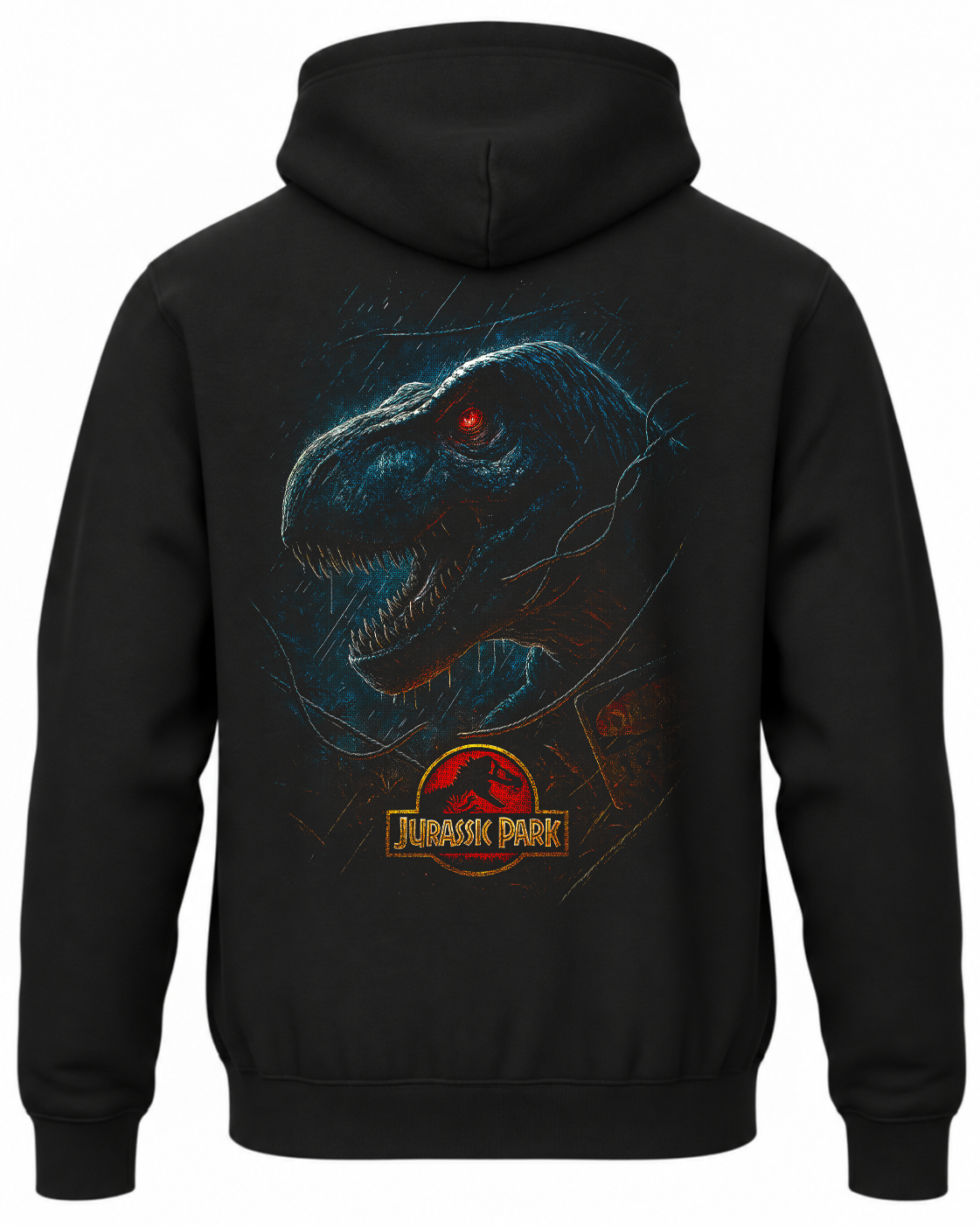 Czarna bluza z kapturem z dinozaurem i logo Jurassic Park na plecach