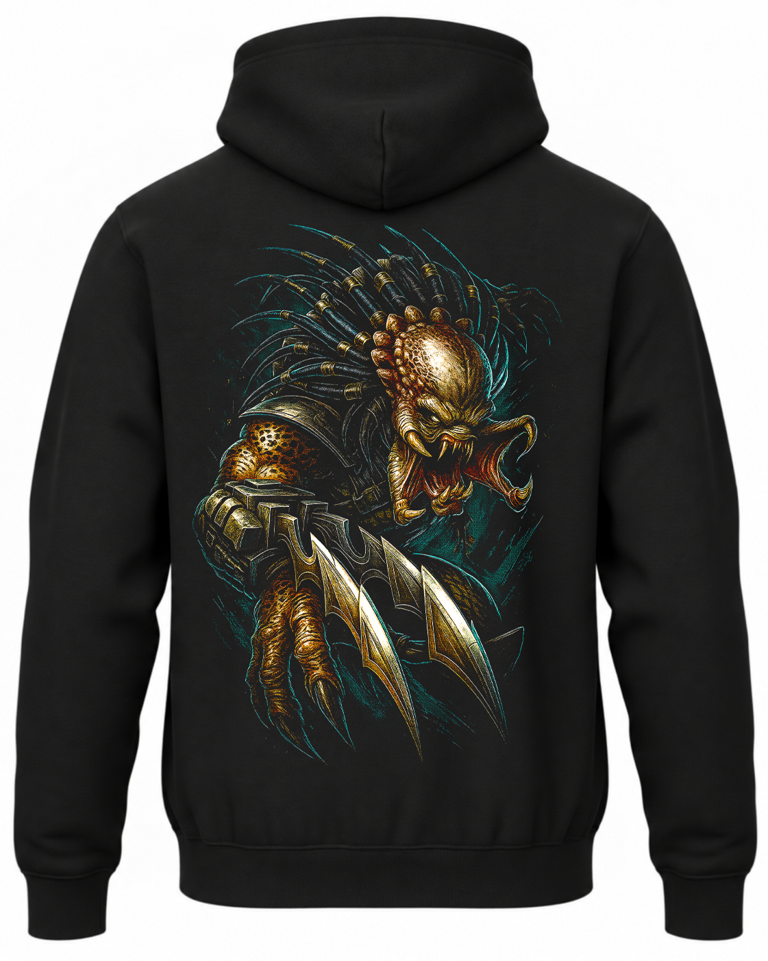 Czarna bluza z kapturem z Predatorem i ostrzami na plecach