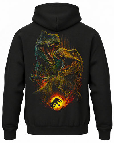Czarna bluza z kapturem z dwoma dinozaurami i logo Jurassic World na plecach