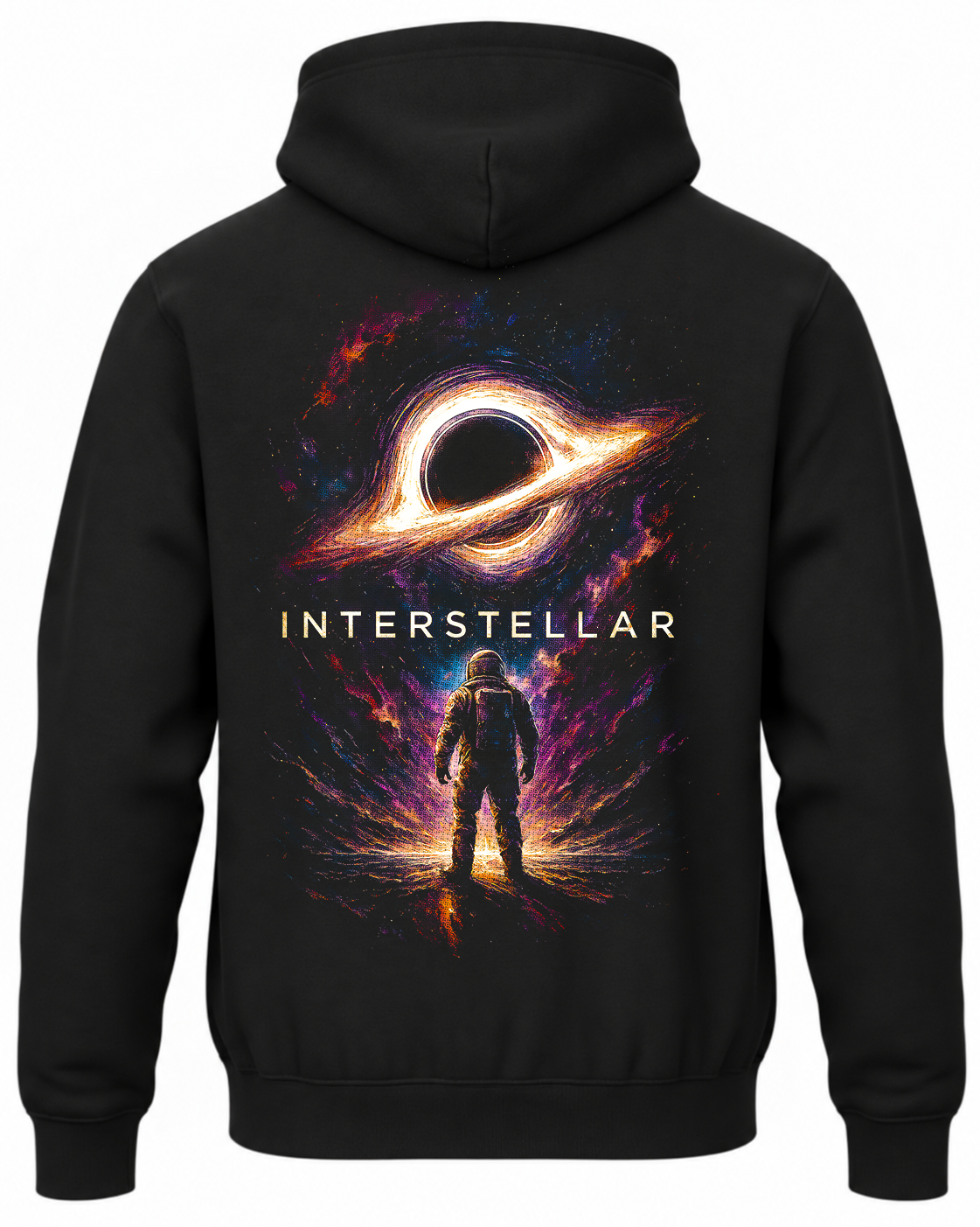 Czarna bluza z kapturem z astronautą i czarną dziurą z filmu Interstellar na plecach