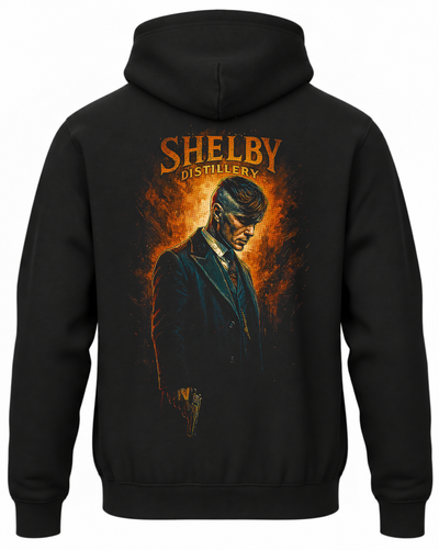 Czarna bluza z kapturem z Thomasem Shelbym i napisem Shelby Distillery na plecach