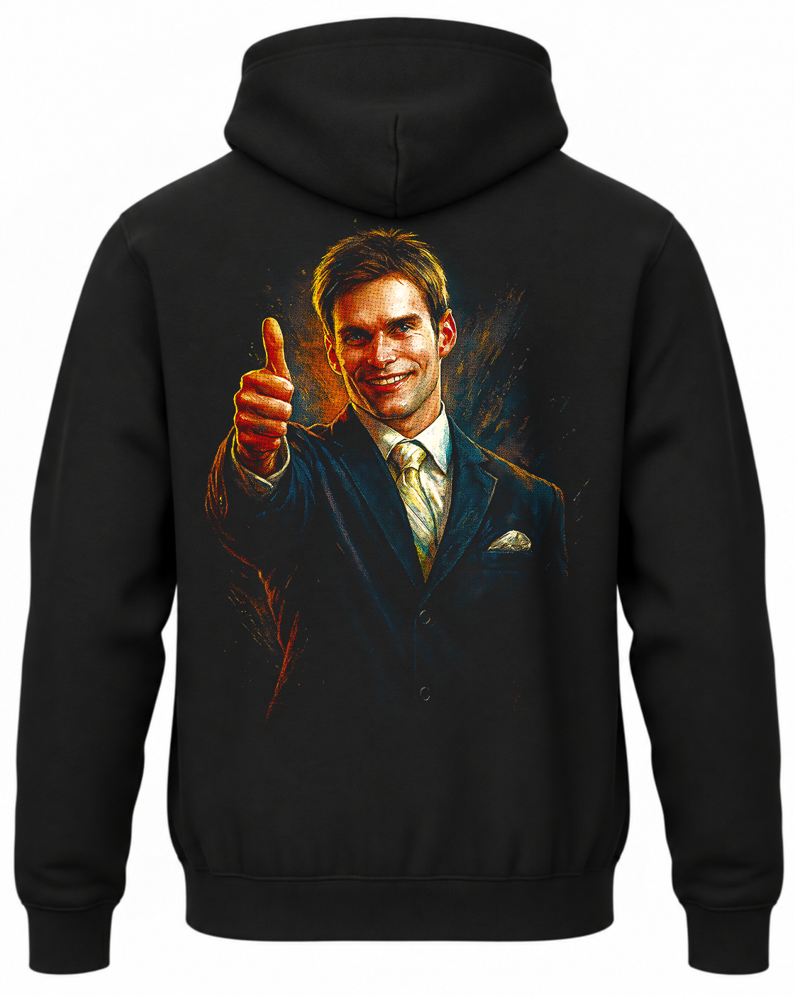 Czarna bluza z kapturem z nadrukiem Patricka Batemana z filmu American Psycho na plecach