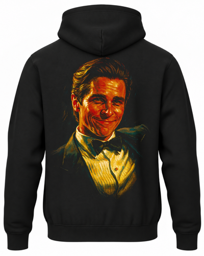 Czarna bluza z kapturem z portretem Patricka Batemana w smokingu z filmu American Psycho na plecach