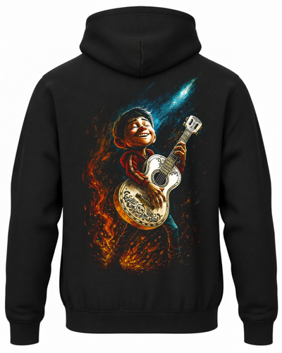 Czarna bluza z kapturem z Miguelem i gitarą z filmu Coco na plecach