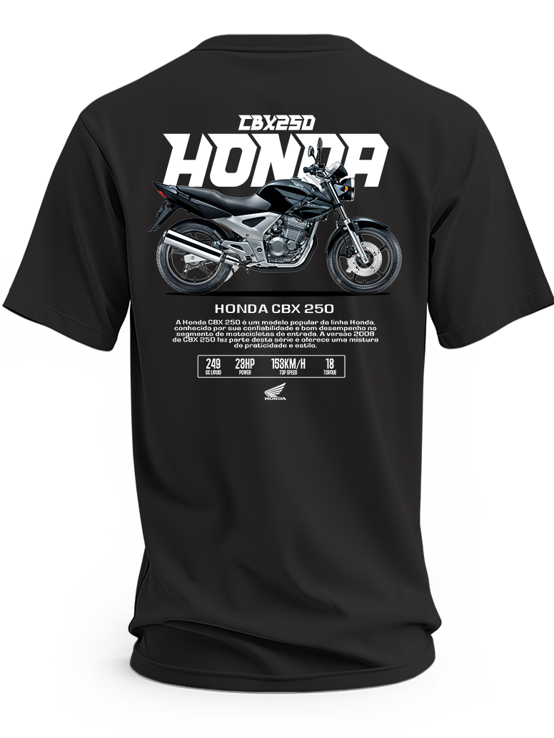 Czarna koszulka z czarnym motocyklem Honda CBX250, napisem Honda i parametrami na grafice