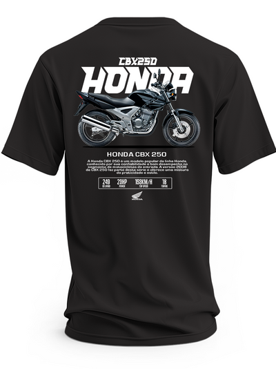 Czarna koszulka z czarnym motocyklem Honda CBX250, napisem Honda i parametrami na grafice
