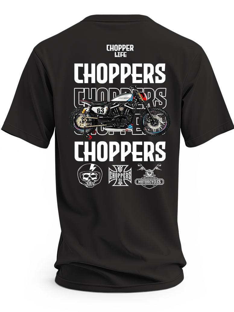 Czarna koszulka z motocyklem oznaczonym numerem 63, napisem Choppers i motywem czaszki