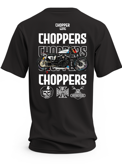Czarna koszulka z motocyklem oznaczonym numerem 63, napisem Choppers i motywem czaszki