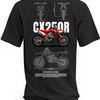 Czarna koszulka z czerwonym motocyklem Crossfire CX-250R, napisem CX250R i rysunkami technicznymi