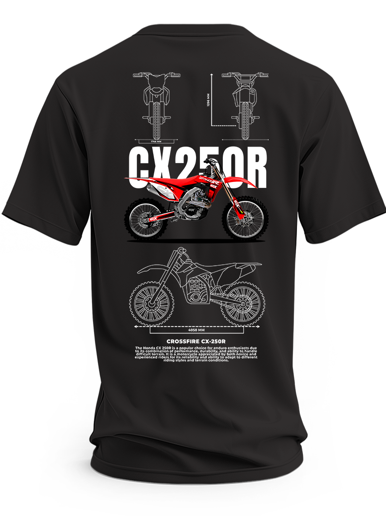 Czarna koszulka z czerwonym motocyklem Crossfire CX-250R, napisem CX250R i rysunkami technicznymi