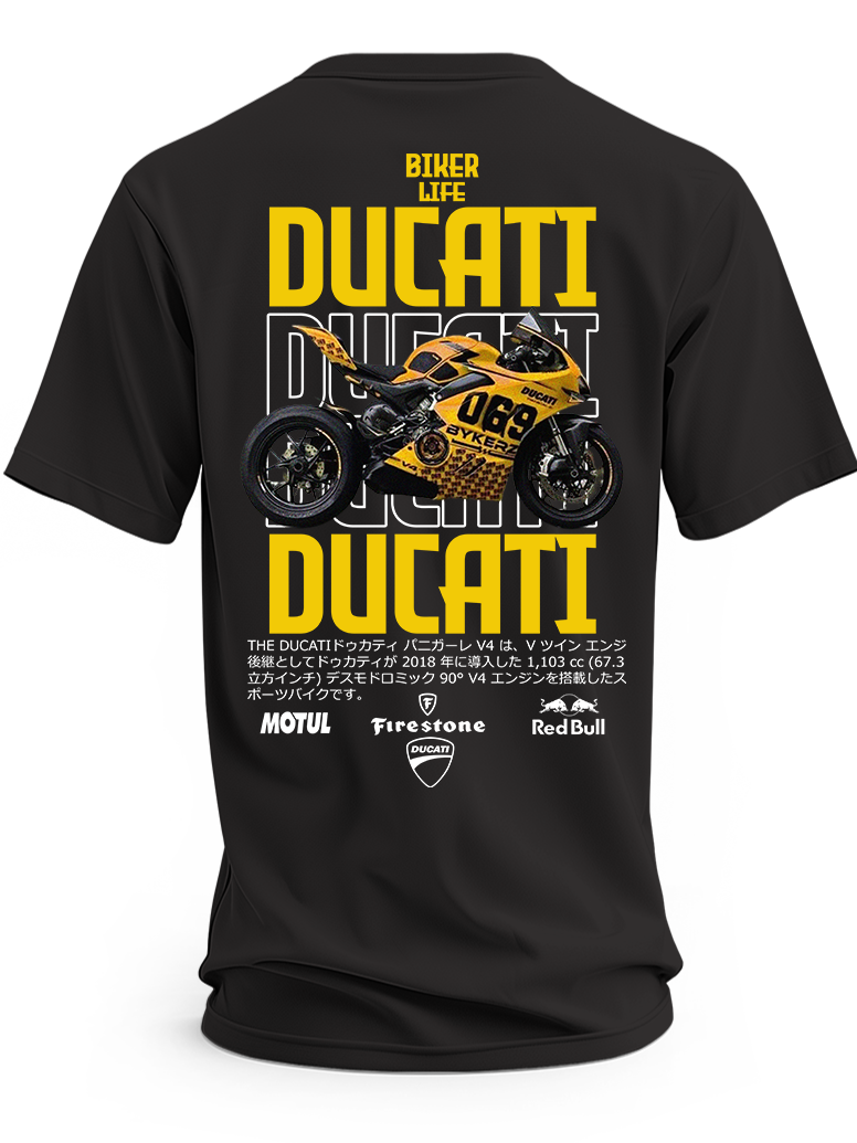 Czarna koszulka z żółtym motocyklem Ducati Panigale V4, numerem 069 i dużymi napisami Ducati