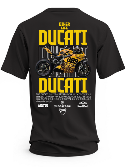Czarna koszulka z żółtym motocyklem Ducati Panigale V4, numerem 069 i dużymi napisami Ducati