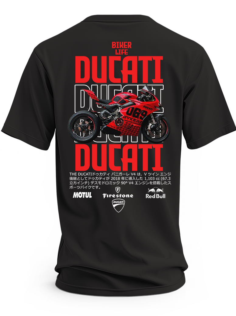 Czarna koszulka z czerwonym motocyklem Ducati Panigale V4, numerem 069 i dużymi napisami Ducati