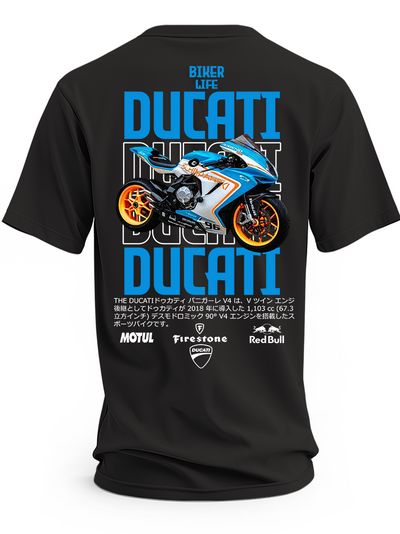 Czarna koszulka z biało-niebieskim motocyklem Ducati Panigale V4, pomarańczowymi kołami i dużymi napisami Ducati
