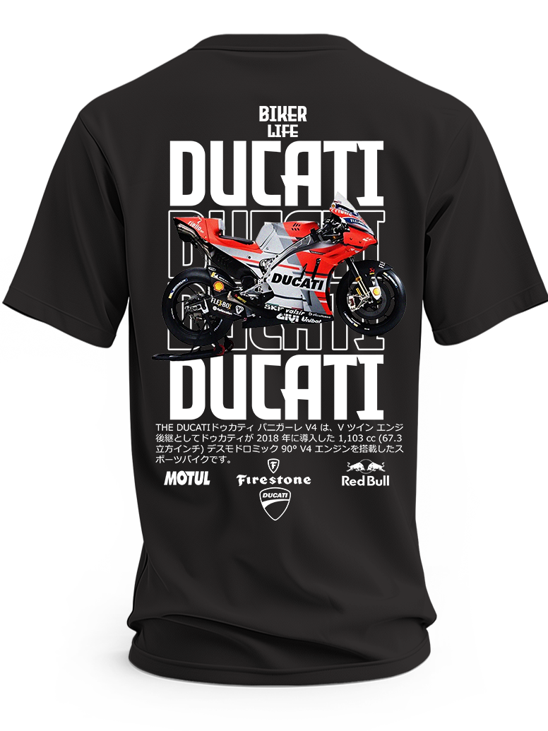Czarna koszulka z czerwono-białym motocyklem wyścigowym Ducati i dużymi białymi napisami Ducati