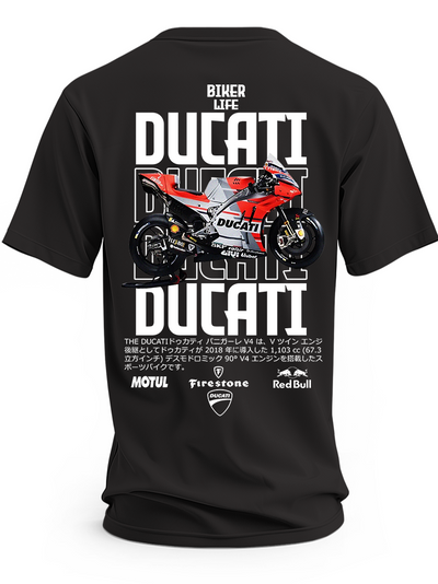 Czarna koszulka z czerwono-białym motocyklem wyścigowym Ducati i dużymi białymi napisami Ducati