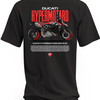 Czarna koszulka z czarno-czerwonym motocyklem Ducati Hypermotard 950 RVE i dużym czerwonym napisem Hypermotard