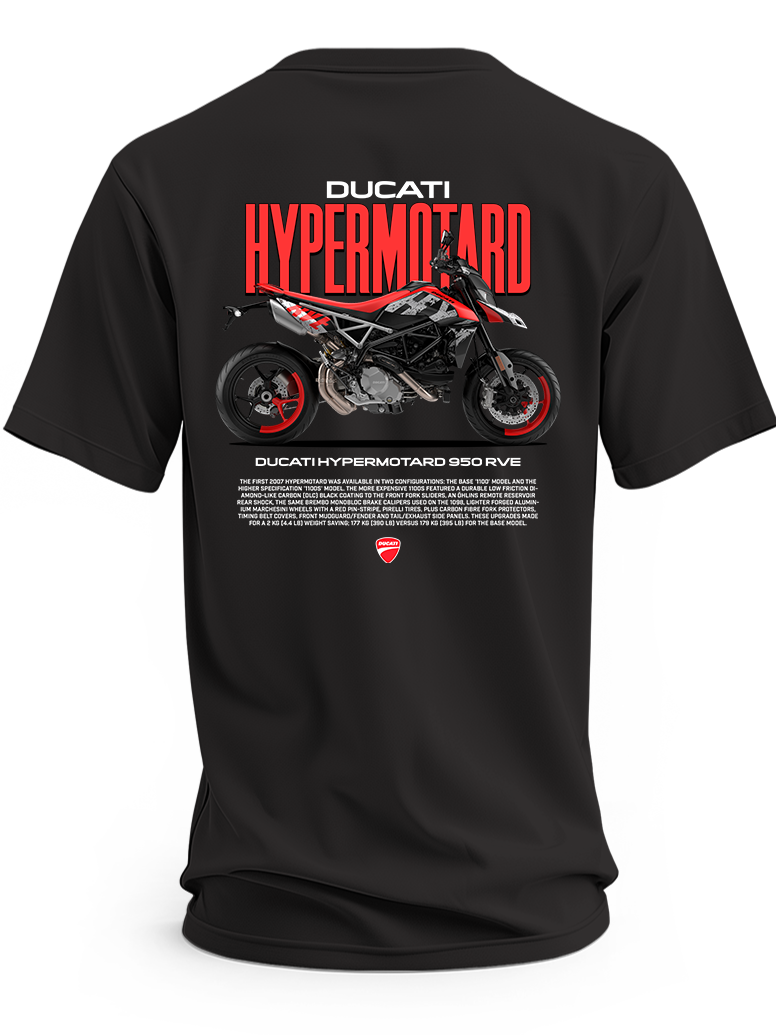 Czarna koszulka z czarno-czerwonym motocyklem Ducati Hypermotard 950 RVE i dużym czerwonym napisem Hypermotard