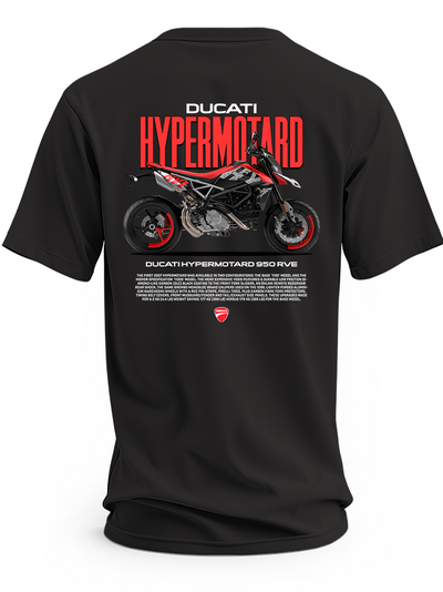 Czarna koszulka z czarno-czerwonym motocyklem Ducati Hypermotard 950 RVE i dużym czerwonym napisem Hypermotard