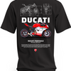 Czarna koszulka z czerwono-białym motocyklem Ducati Panigale, napisem Ducati i rysunkami technicznymi