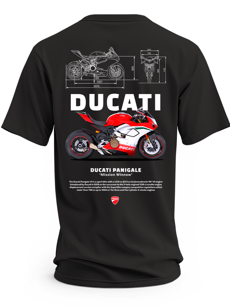 Czarna koszulka z czerwono-białym motocyklem Ducati Panigale, napisem Ducati i rysunkami technicznymi