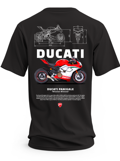 Czarna koszulka z czerwono-białym motocyklem Ducati Panigale, napisem Ducati i rysunkami technicznymi