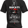 Czarna koszulka z czerwonym motocyklem Ducati Streetfighter, białym napisem Ducati i rysunkami technicznymi