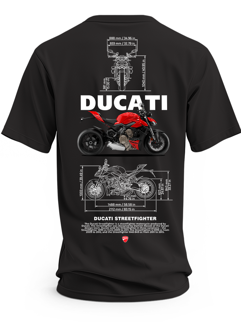 Czarna koszulka z czerwonym motocyklem Ducati Streetfighter, białym napisem Ducati i rysunkami technicznymi