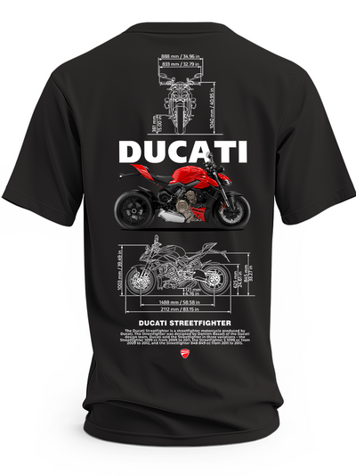 Czarna koszulka z czerwonym motocyklem Ducati Streetfighter, białym napisem Ducati i rysunkami technicznymi